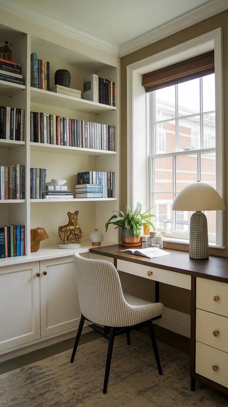 Transform a small corner into a productive haven with these small study room ideas.  This compact desk offers the perfect desk solutions for a small study room, while the thoughtful study desk decor adds personality.  The result? A cozy and efficient small home office brimming with style.