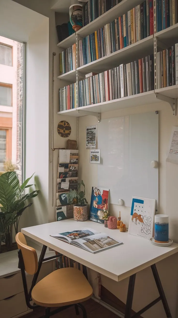 Maximize your focus in this bright and efficient small study room.  Clever desk solutions and study desk decor create a productive workspace, even within a compact footprint.  Perfect small home offices and small study room ideas for maximizing space and style.  This study room design proves that big things can happen in small spaces.