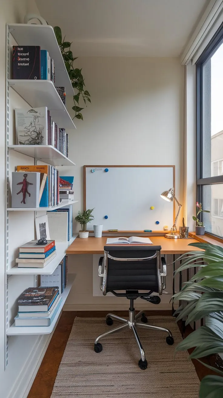 This compact desk and chair setup is the epitome of efficient study room design.  Natural light floods this small study room, enhancing the calming atmosphere.  Explore these small home offices ideas for your own space, showcasing smart desk solutions and inspiring study desk decor.  Transform your small space with these small study room ideas.