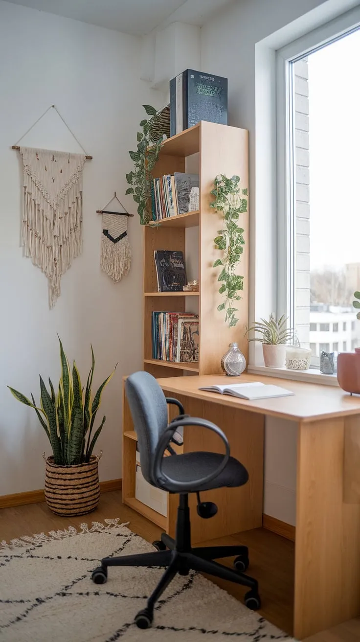 Maximize your workspace without sacrificing style! This small study room showcases clever desk solutions and study desk decor, proving that even compact desks can create a productive and inspiring small home office.  Perfect for small study room ideas, this design balances functionality and aesthetic appeal.