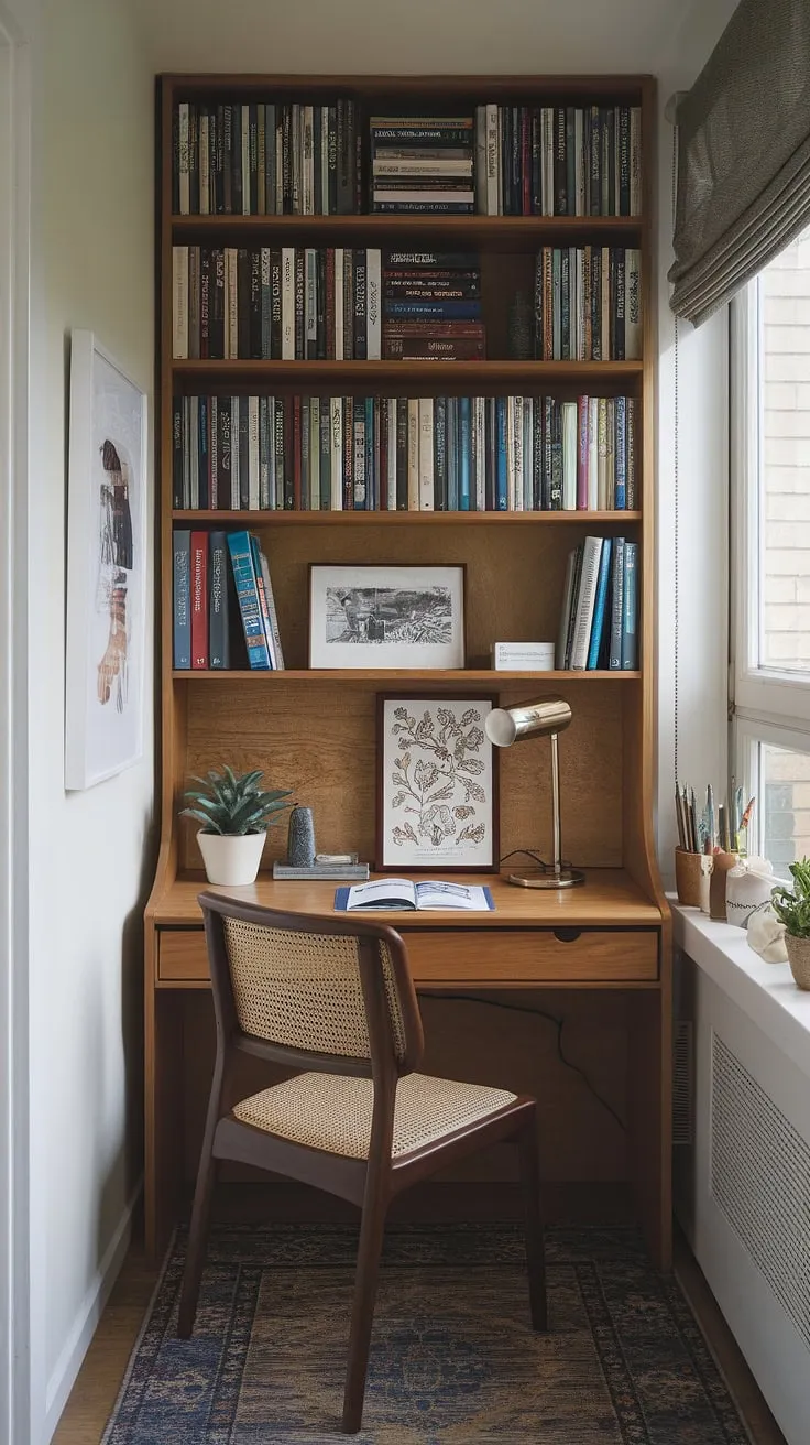 Maximize your space and minimize distractions with this compact desk solution, perfect for small home offices.  This small study room showcases clever study room design and study desk decor ideas, proving that even a small study room can be both functional and stylish.