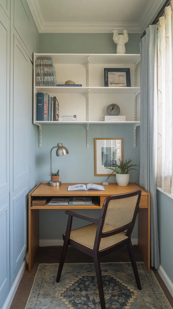 Transform a tiny corner into a productive haven with these small study room ideas. This compact desk and thoughtful study desk decor showcase how effective desk solutions can be in even the smallest home offices. The light blue walls and simple study room design create a calming workspace.