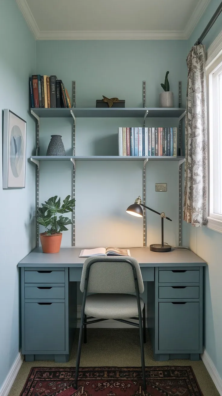 Transforming a small space into a haven of productivity. This small study room showcases clever study room design with compact desk solutions, perfect for small home offices.  The study desk decor adds personality without overwhelming the room, proving that even small study room ideas can be both stylish and functional.