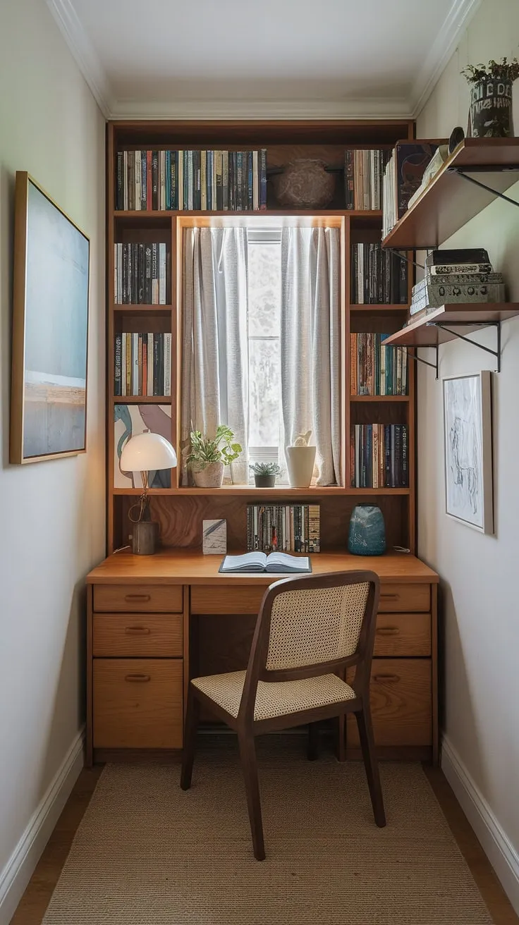 Maximize your workspace without sacrificing style! This small study room showcases clever desk solutions and study desk decor, proving that even a compact desk can create a productive and inspiring small home office.  Perfect small study room ideas for those seeking efficient study room design.