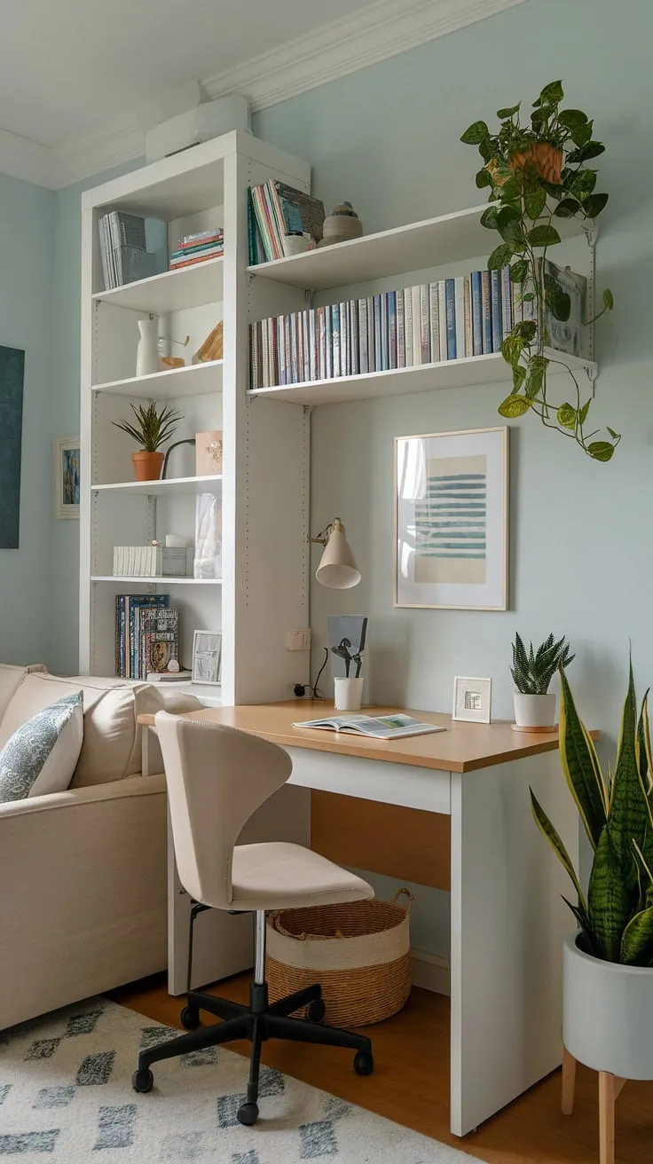 This small study room proves that big ideas thrive in small spaces.  Clever desk solutions and study desk decor maximize functionality, while the light blue walls and pops of green create a calming atmosphere. Perfect inspiration for small home offices and small study room ideas.
