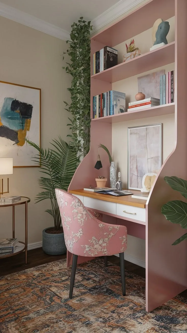 Maximize your space and style with this charming small study room.  Clever desk solutions and study desk decor create a functional and inviting atmosphere, perfect for small home offices. This small study room design proves that big ideas thrive even in compact spaces.