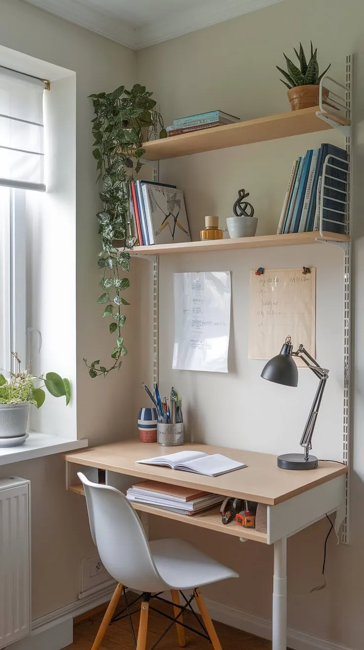 Transform a tiny corner into a haven of focus with these small study room ideas.  This compact desk and thoughtful study desk decor prove that even small home offices can be both efficient and aesthetically pleasing.  Explore smart desk solutions for maximizing space in your small study room design.