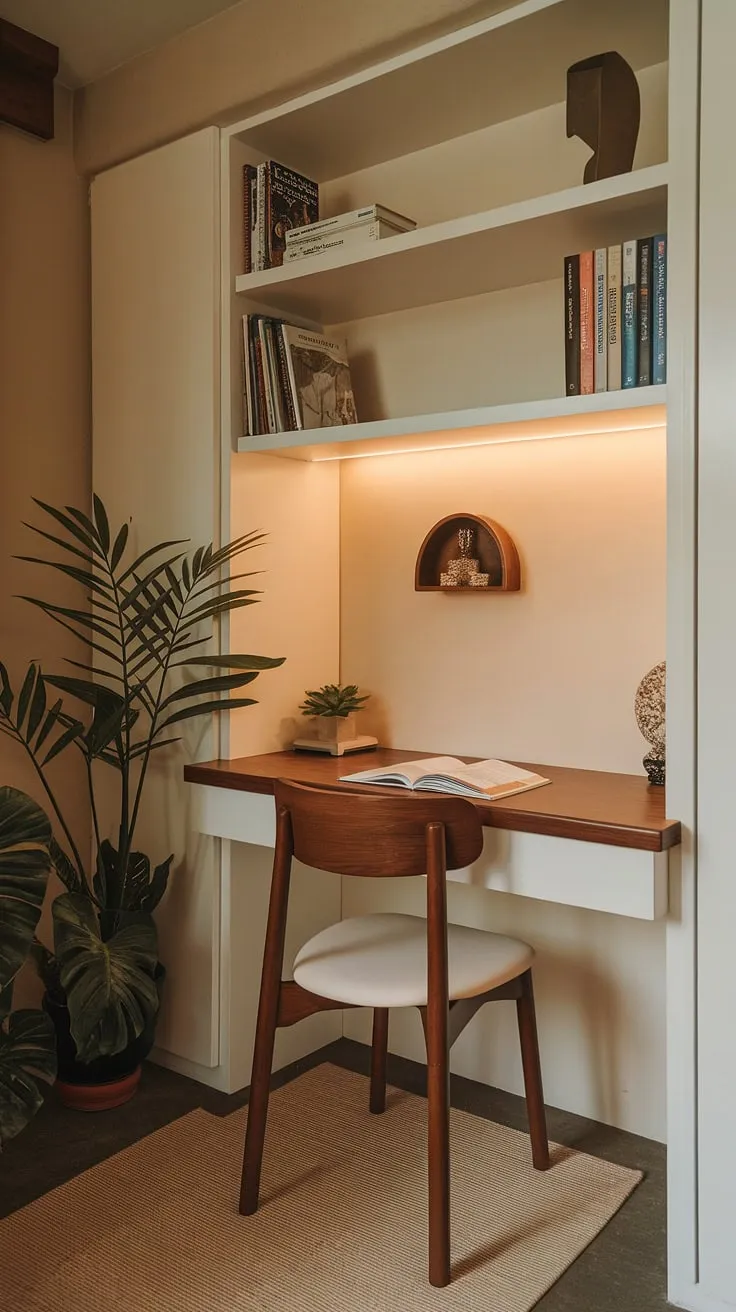 Cozy corners and clever solutions: This small study room proves that big ideas thrive in small spaces.  The compact desk and thoughtful study desk decor maximize functionality, offering inspiring small home offices and small study room ideas.  Perfect desk solutions for those seeking a dedicated study room design.