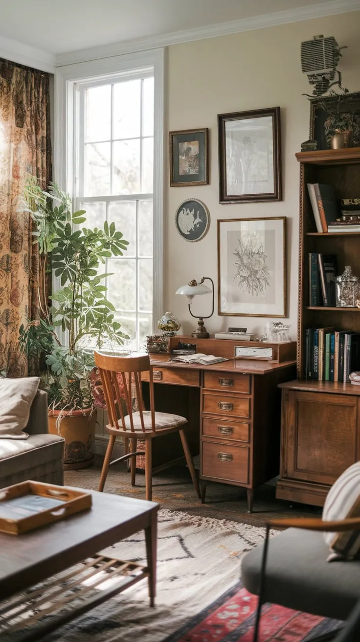 Productivity blooms in this cozy, vintage-inspired workspace.
