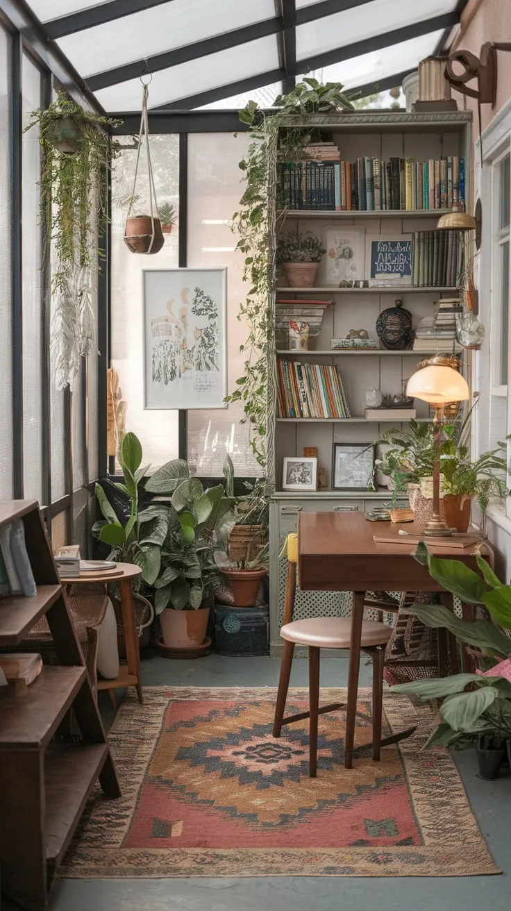 Sunshine, books, and a whole lot of cozy in my tiny workspace.