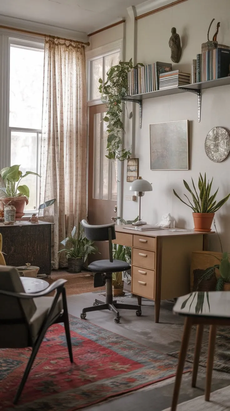 My small sunroom office: where productivity meets vintage charm.