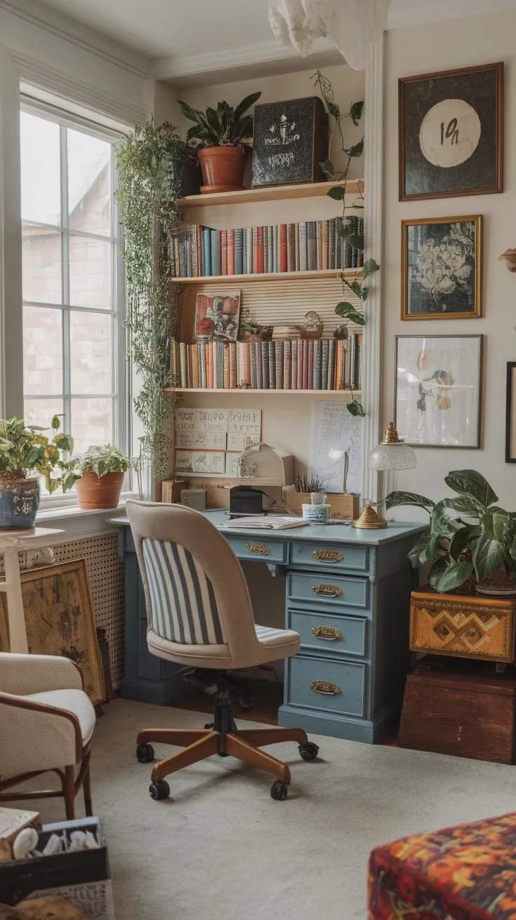 My sunroom office: productivity meets vintage charm.