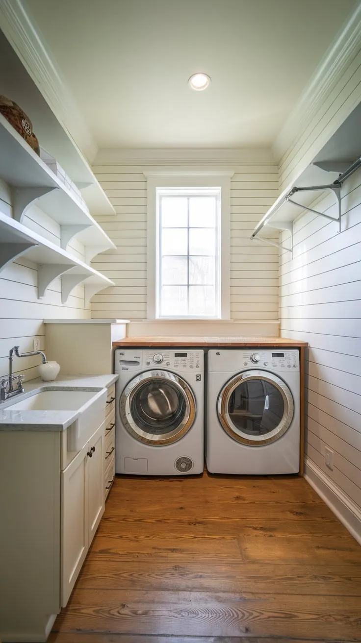 A small utility room transforms into a stylish and efficient laundry haven with clever design and bright lighting.