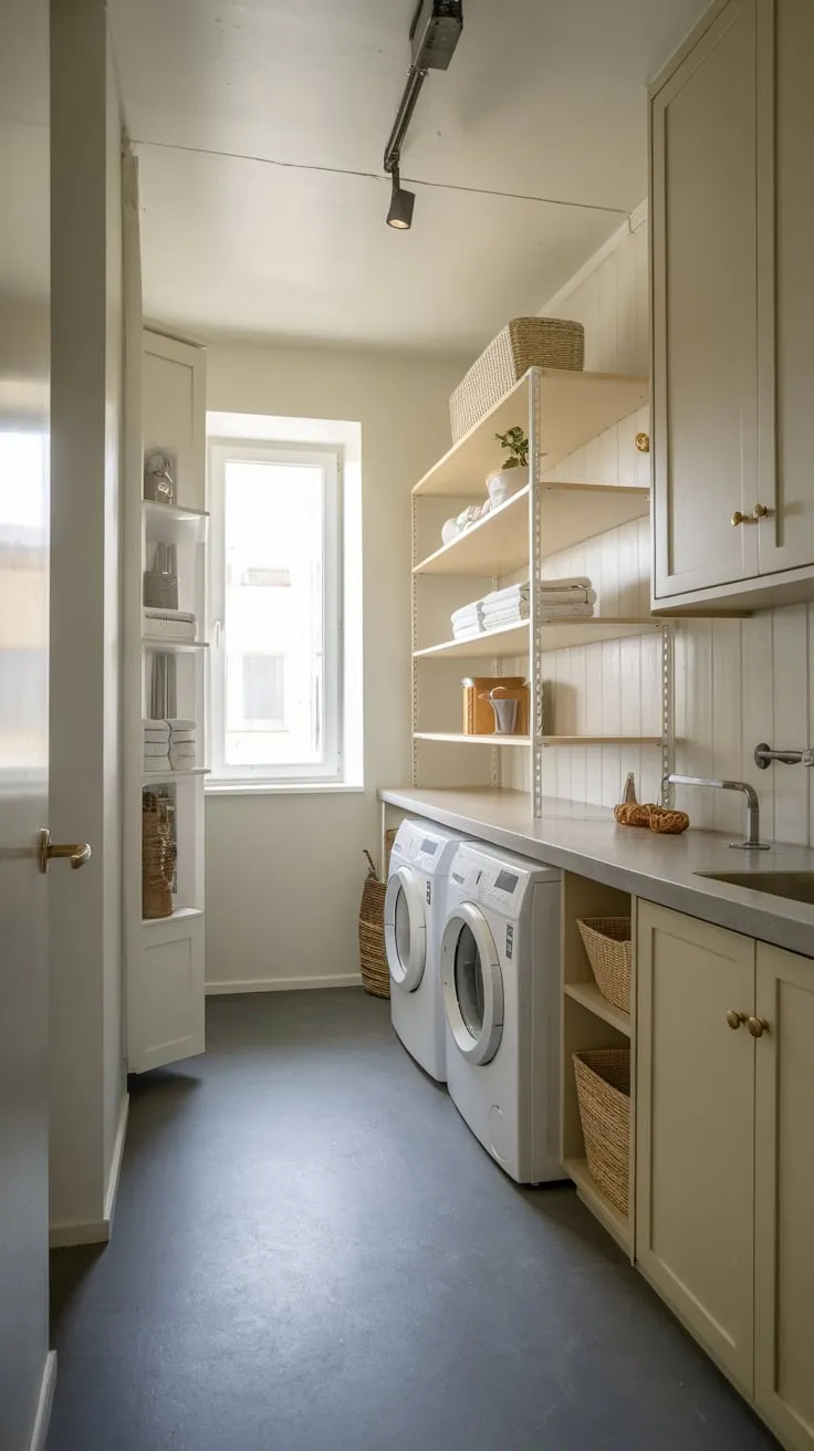 Maximize space and style in this compact utility room featuring a washer, dryer, sink, and smart storage solutions.