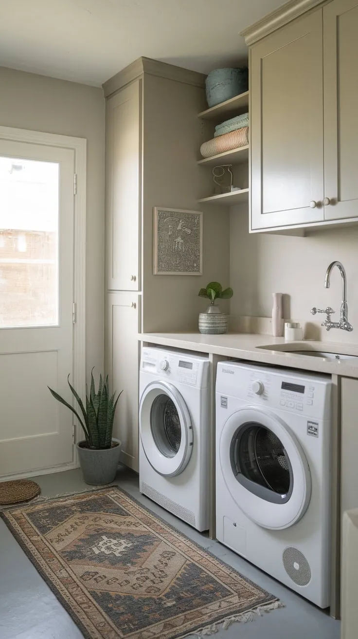 A light gray haven, this compact utility room cleverly combines laundry essentials with stylish touches like a potted plant and area rug.