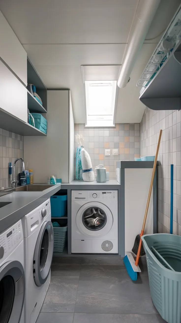 This compact modern laundry room cleverly combines functionality and style, featuring essential appliances and storage in a chic gray and white design.