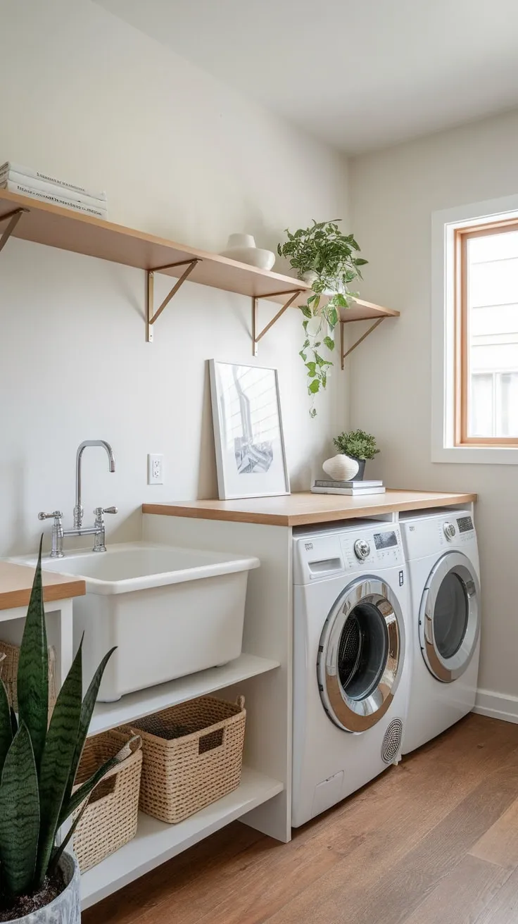 A small utility room boasts modern style with a washer, dryer, sink, and storage, all enhanced by wood floors and a touch of greenery.
