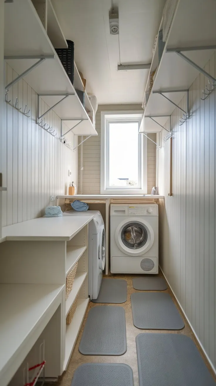A compact yet chic laundry area boasts efficient design, incorporating a washer, dryer, and ample storage in a small footprint.