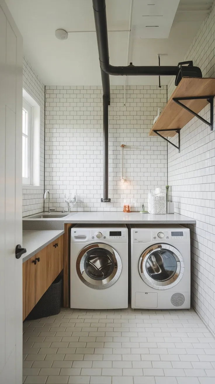 A bright white-tiled utility room boasts modern laundry appliances, a stylish sink, and smart storage, maximizing small-space efficiency