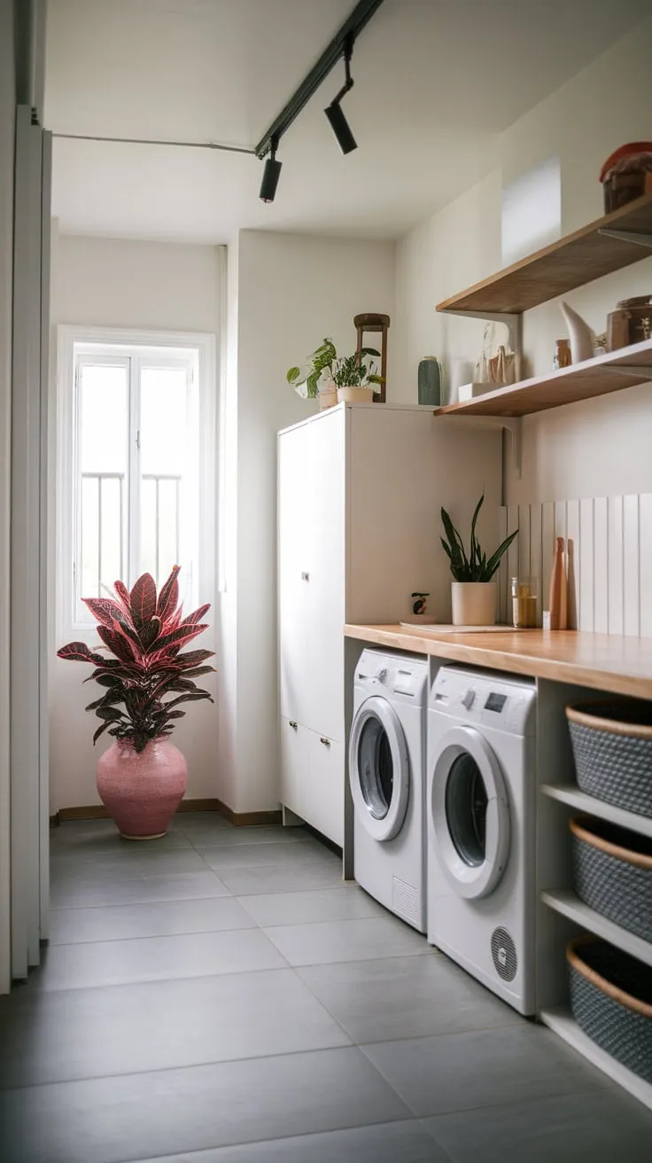 A sleek modern utility room boasts a stylish laundry area, ample storage, and natural light, maximizing functionality in a minimalist design