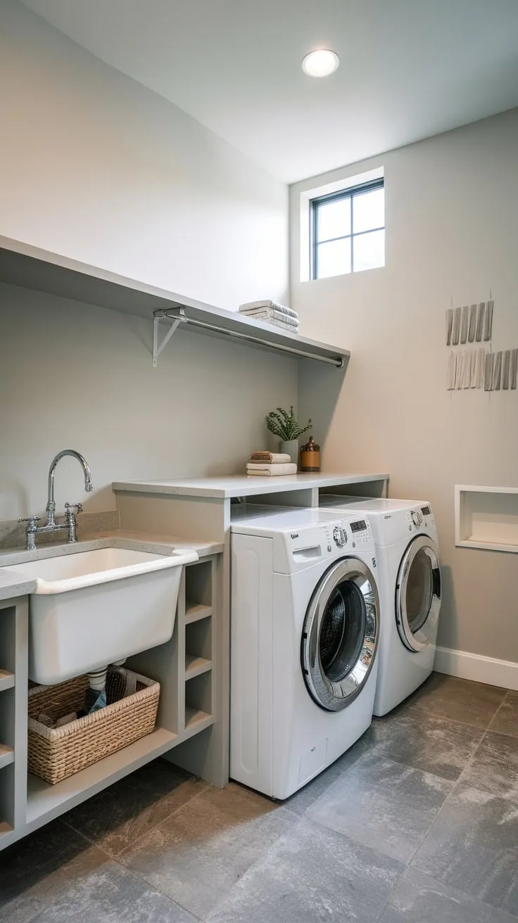 Maximize small-space living with a stylish and functional laundry room featuring modern design elements.