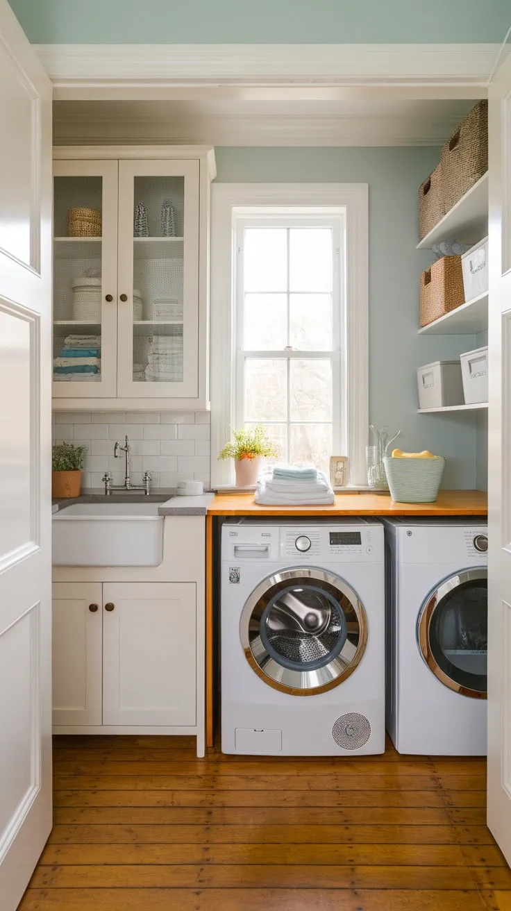 A stylish small utility room boasts a white-cabinet sink, washer, dryer, and bright blue walls, all perfectly organized in a tidy space.