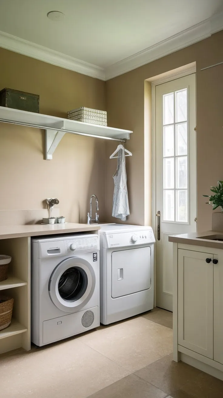 A stylish small utility room boasts modern laundry appliances, ample storage, and a practical sink in a calming beige space