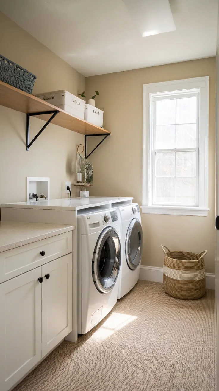 A stylish small utility room renovation boasts a modern white-cabinet laundry area, maximizing space and natural light for a clean and organized feel