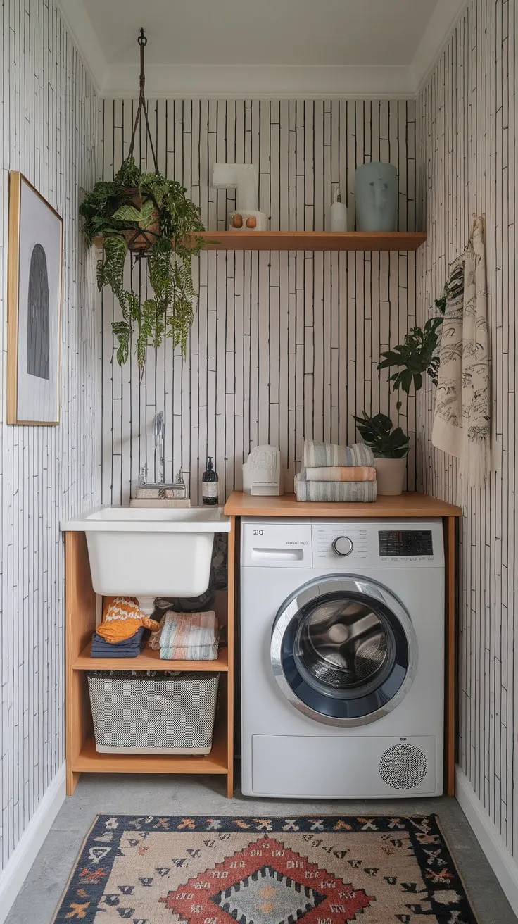 A modern laundry room maximizes small space with patterned flair, incorporating a sink, countertop, and personal items amidst the appliances.