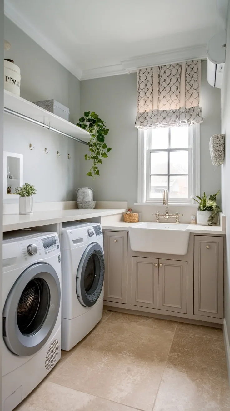 A stylish small utility room boasts a dream laundry setup, complete with washer, dryer, sink, cabinets, and charming window, all within a light and airy space.