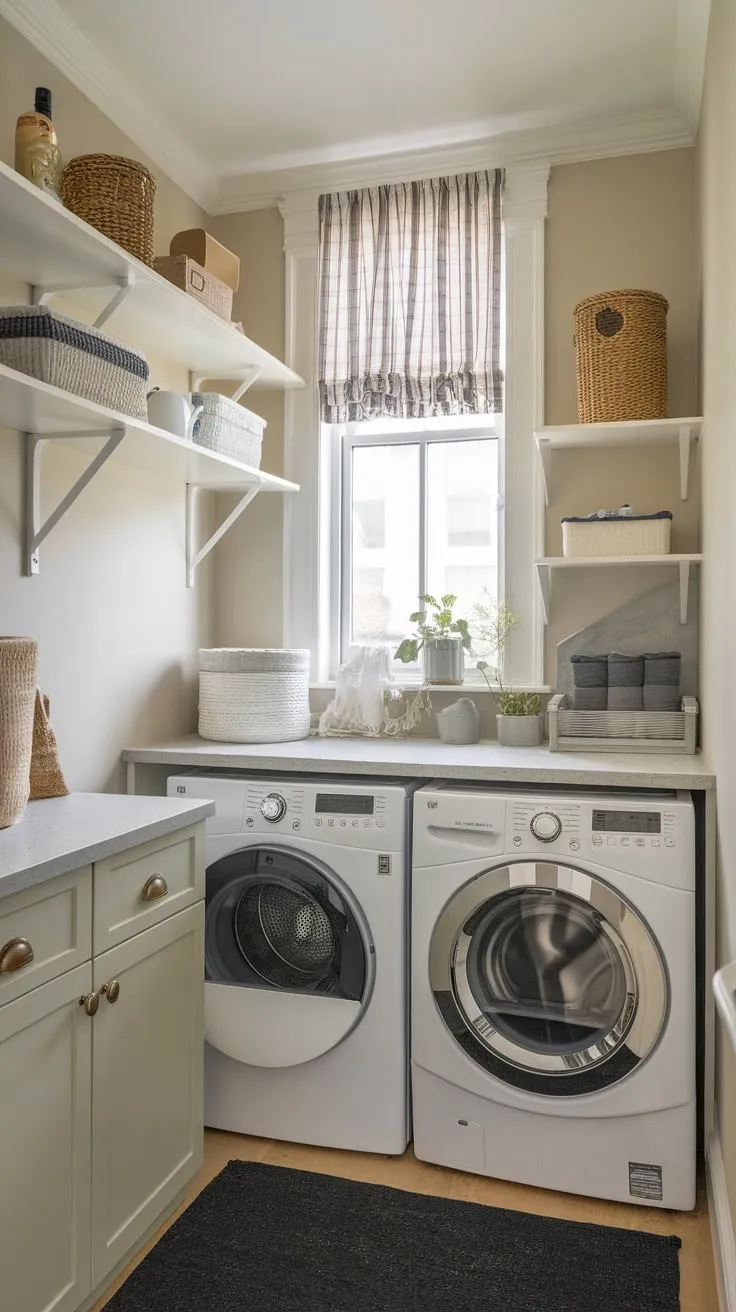 A stylishly renovated small utility room boasts a modern laundry haven with ample storage and a cheerful aesthetic.
