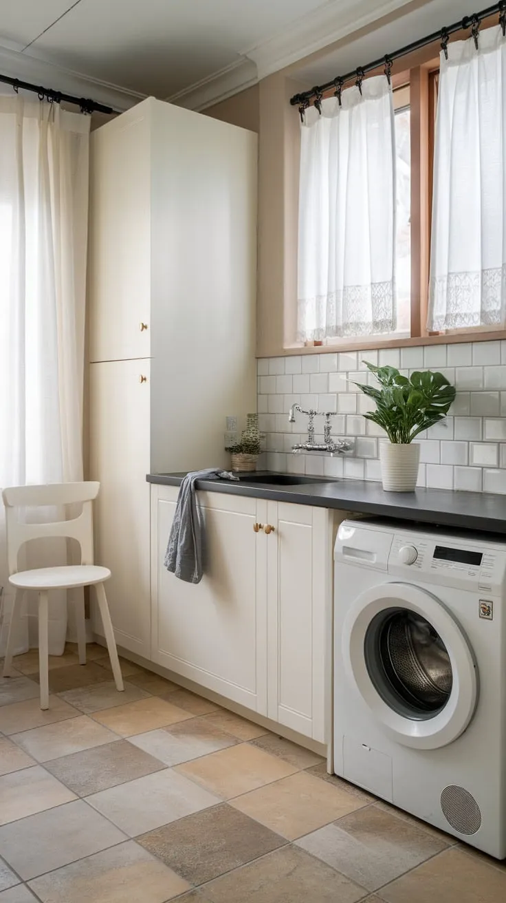 A renovated small utility room showcases a modern aesthetic with white appliances, a black countertop, and subtle grey-beige tile flooring.