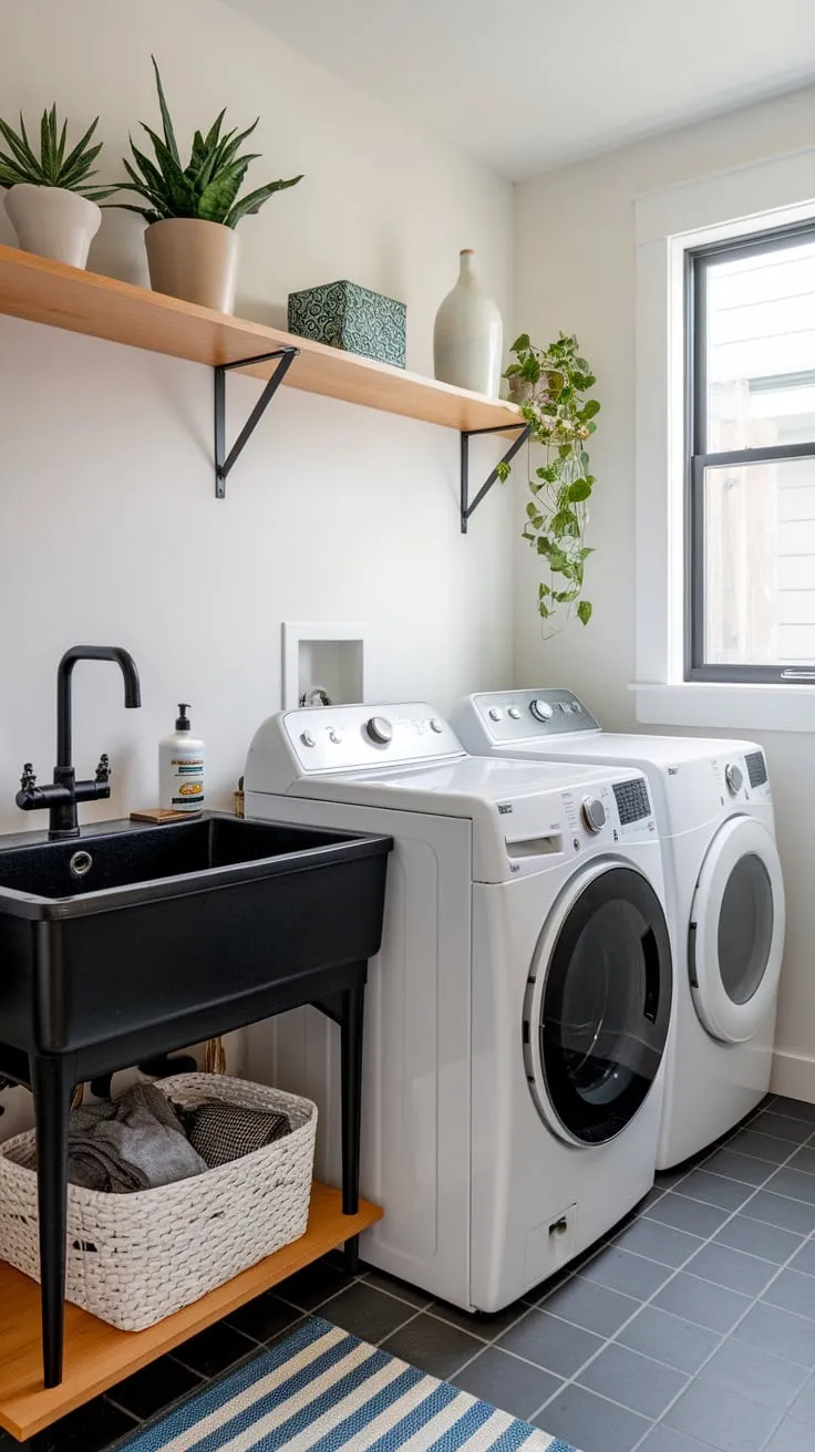 A dream laundry room renovation maximizes a small space with modern design, showcasing a black sink, white washer and dryer, and vibrant potted plants.