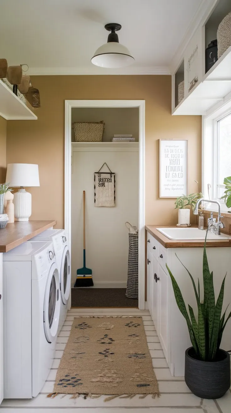 A stylish small utility room complements a modern laundry space, blending functionality with cozy personal touches.