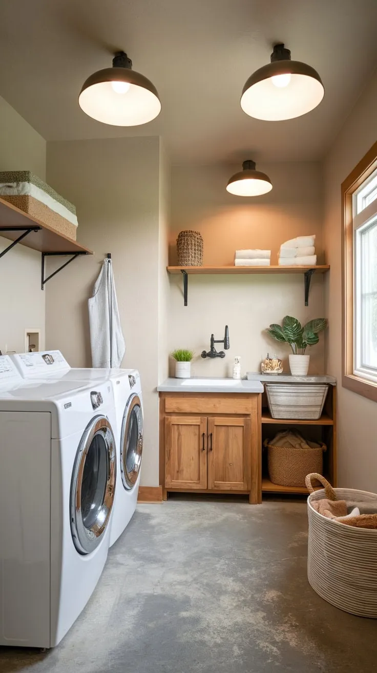 A dreamy small utility room boasts efficient laundry appliances, practical storage, and charming personal touches in a bright, functional space