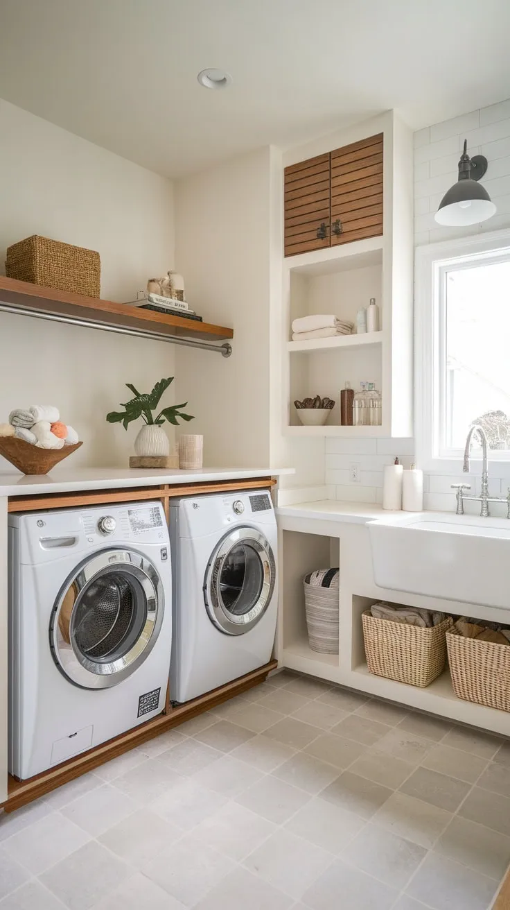 Maximize space and style in a dreamy small laundry room featuring a sleek design and efficient layout.