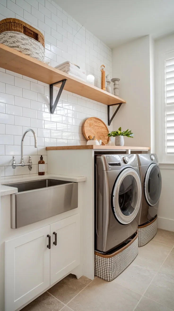Transform a small utility room into a stylish, modern laundry haven with white cabinets, stainless steel, and efficient design.