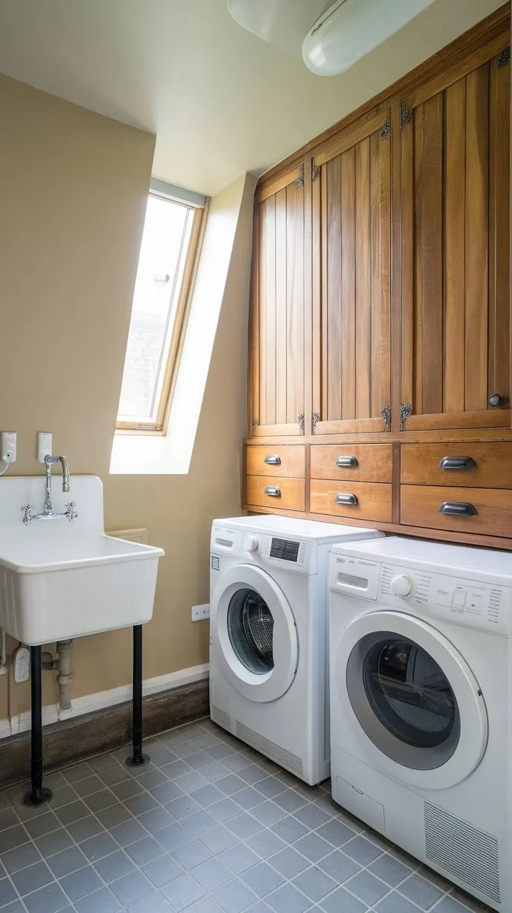 Grey-tiled floors and beige walls enhance the compact yet chic design of this small laundry and utility room.