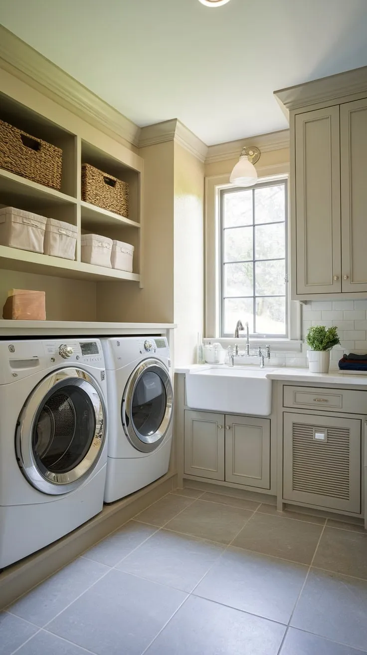 A bright small utility room maximizes laundry efficiency with washer, dryer, sink, ample storage, and natural light