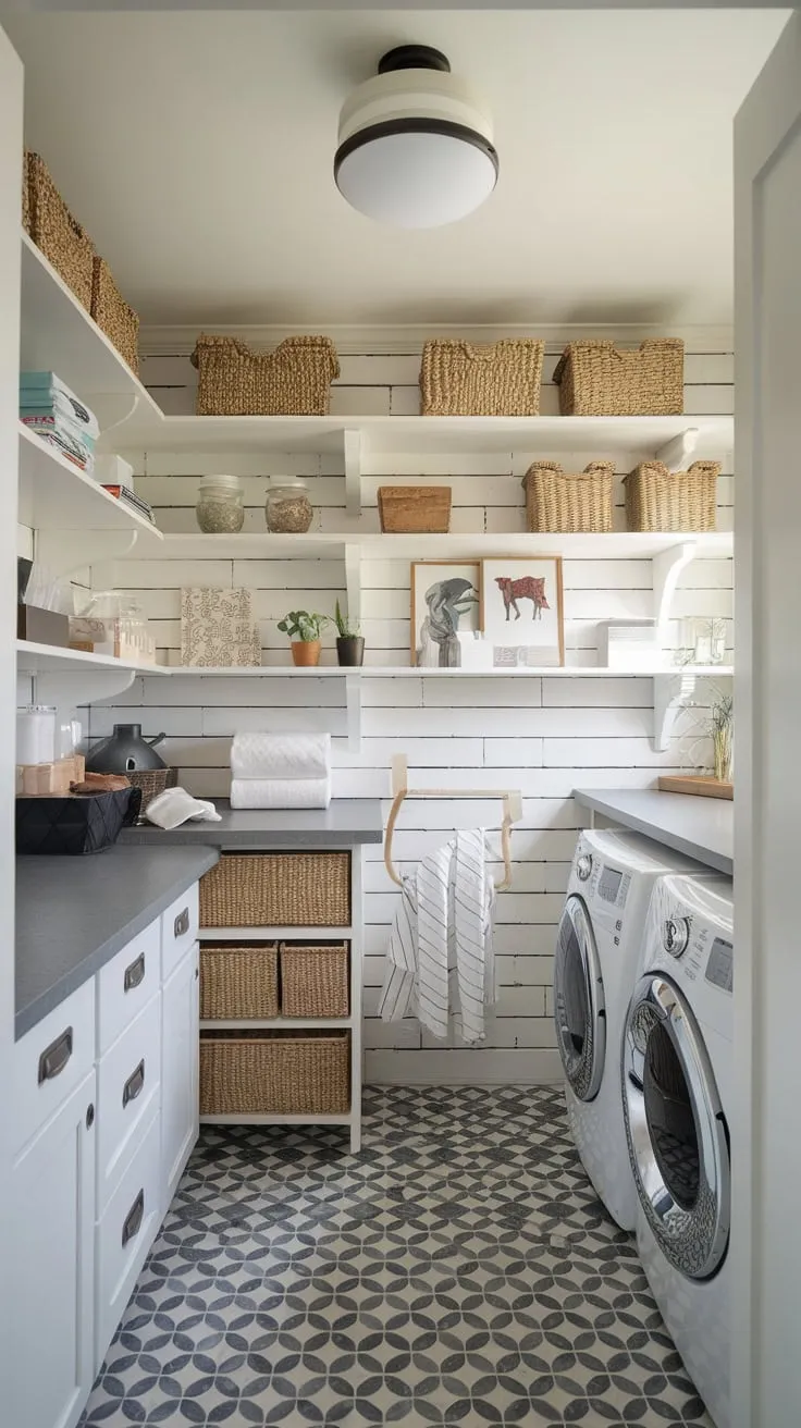 A stylish small utility room boasts a dream laundry layout with modern renovations.