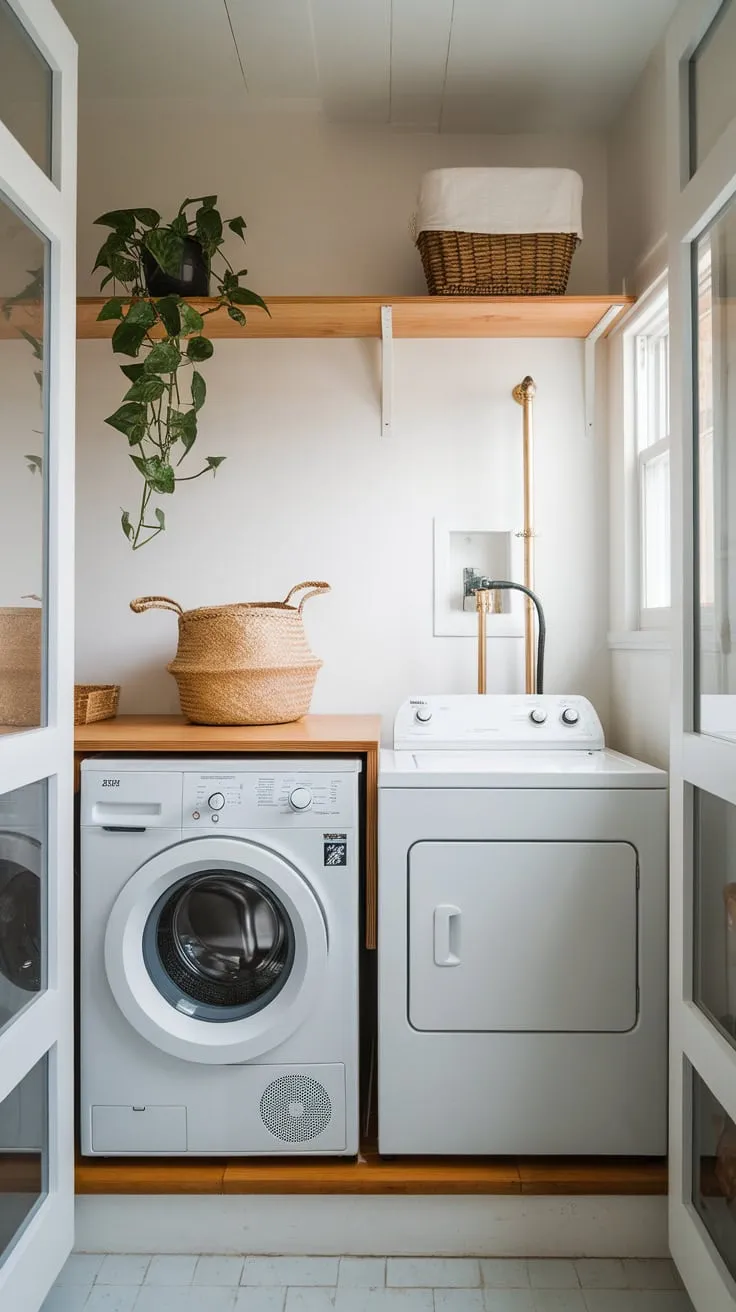 A bright white tiled small utility room features a modern washer, dryer, and wooden shelving, creating a stylish and functional laundry space.