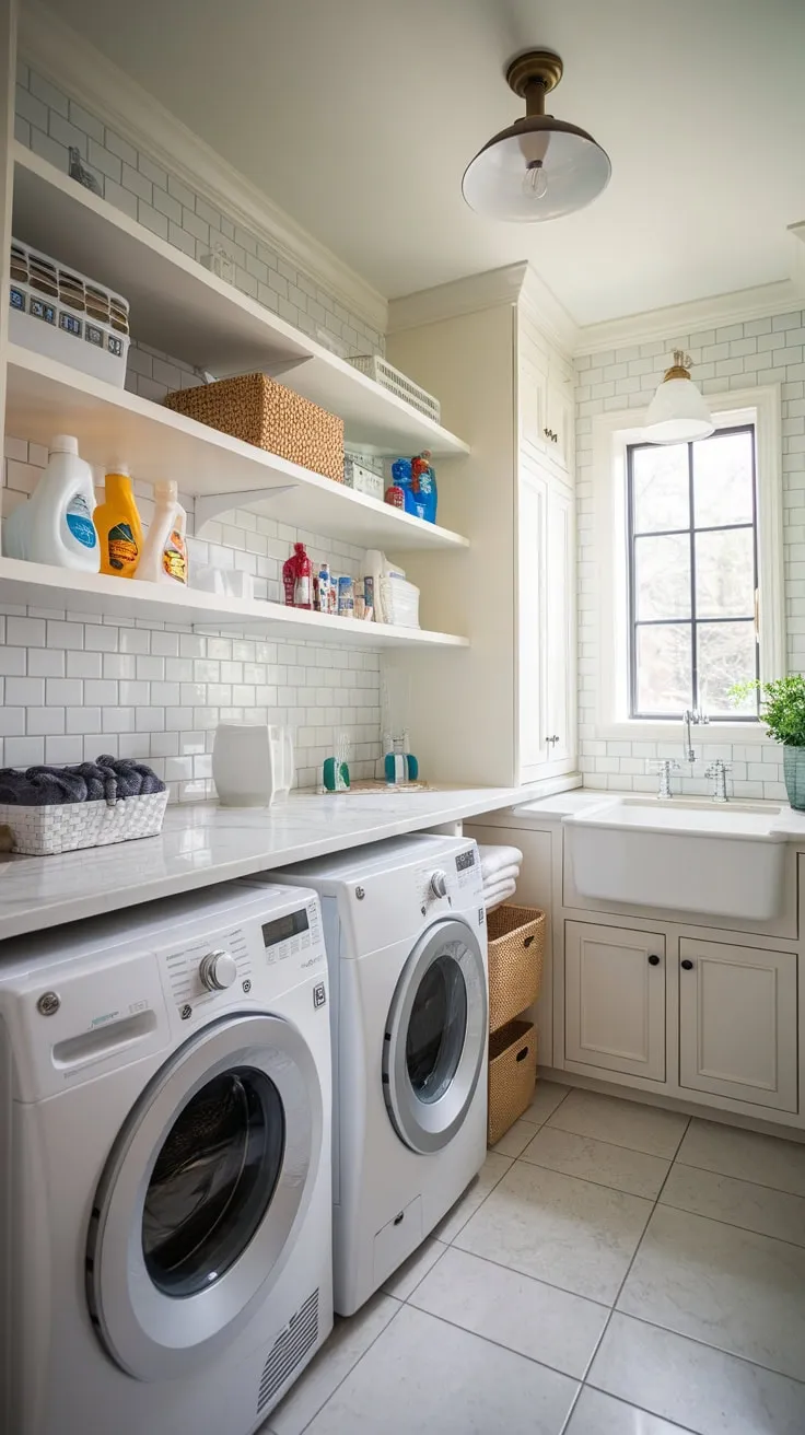 Maximize small-space functionality in a dreamy laundry room featuring a chic utility area with efficient storage and stylish finishes.