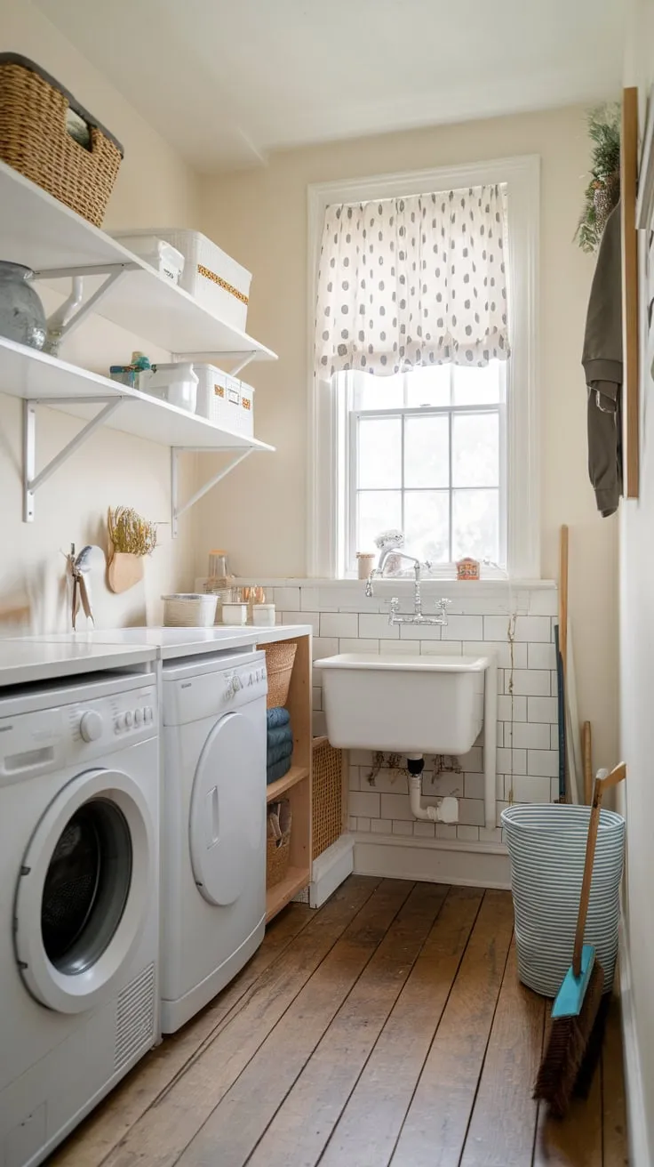 A stylish small utility room maximizes space with efficient laundry facilities, ample storage, and charming details.