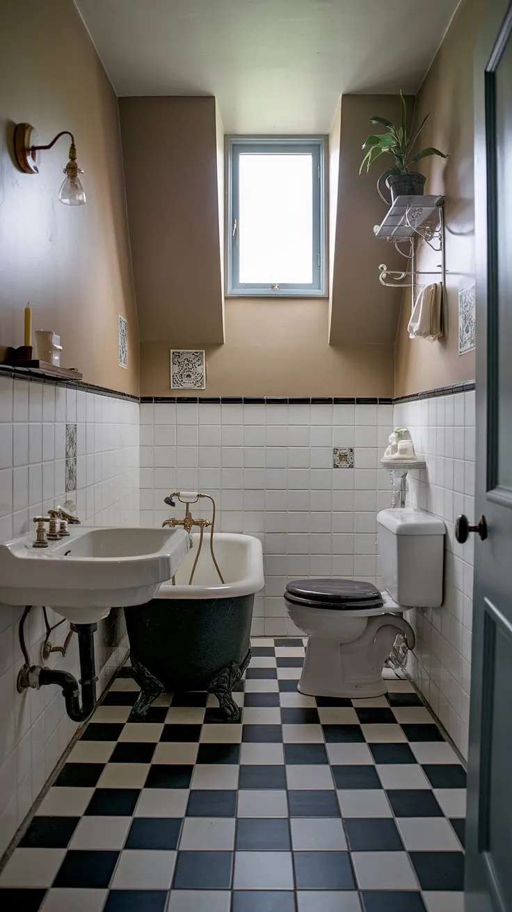 Step back in time in this charming vintage bathroom, where the black and white checkered floor adds a touch of classic elegance to the beige walls and vintage fixtures. A sense of calm permeates the space, enhanced by the soft lighting and carefully chosen accessories. The small window lets in a gentle stream of light, completing this perfectly curated a retreat.