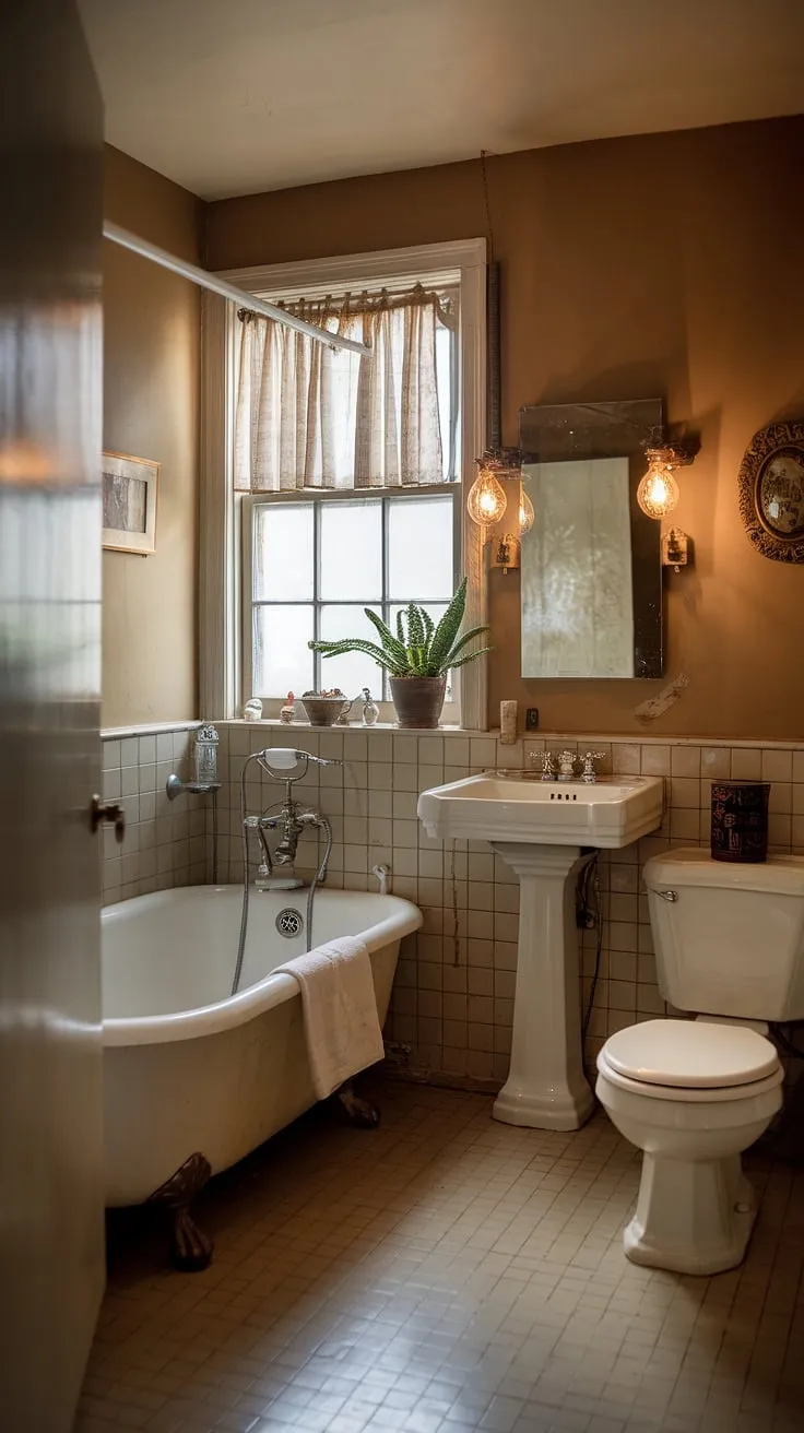 Step back in time in this charming vintage bathroom, where the warm lighting and simple elegance create a tranquil escape. The white bathtub, pedestal sink, and subtle details whisper stories of a bygone era, a perfect sanctuary for quiet contemplation. A touch of greenery adds life to this peaceful space.
