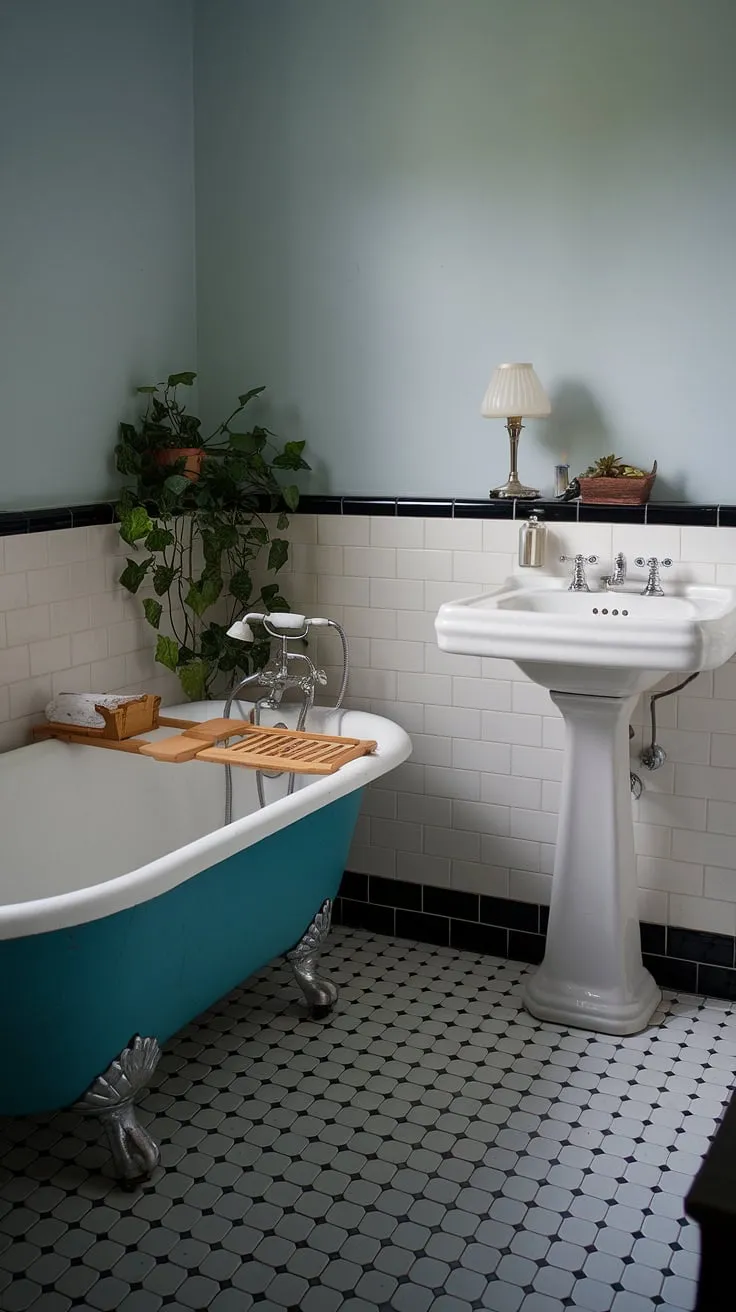 This light blue haven is a testament to vintage charm. A classic white clawfoot tub takes center stage, paired with a pedestal sink and a black and white checkered floor that's simply timeless. The addition of a small plant and a vintage lamp completes the picture of serene relaxation.