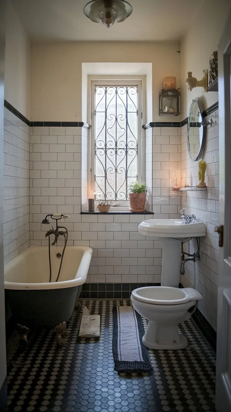 Step back in time in this charming vintage bathroom, where black and white tiles meet the gentle glow of a vintage light fixture. The aged elegance of the pedestal sink and clawfoot tub, accented by a simple plant and flickering candle, creates a tranquil escape. A wrought iron window adds a touch of old-world charm, making this space a true sanctuary.