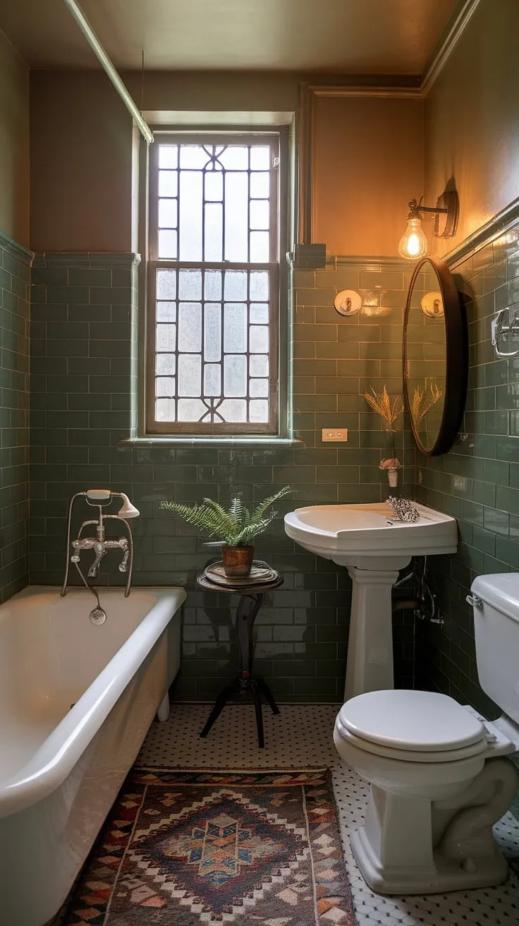 A haven of tranquility, this petite vintage bathroom boasts a delightful blend of old-world charm and modern comfort. The green tiles, white pedestal sink, and classic toilet create a serene atmosphere, enhanced by the warm lighting and a thoughtfully placed plant. A perfect escape from the everyday.