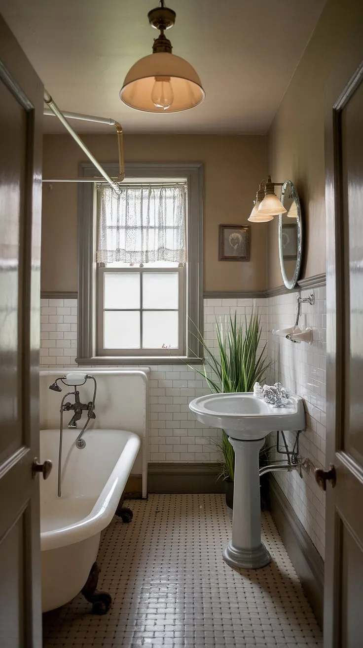 This petite vintage bathroom, with its classic white fixtures and beige walls, whispers tales of a bygone era. The checkered floor and delicate window curtain add to the nostalgic charm, creating a space of quiet serenity and understated elegance. A small plant brings a touch of life to this perfectly preserved haven.