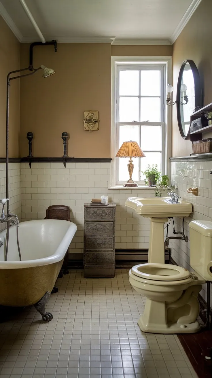 This petite bathroom, bathed in soft beige and cream tones, is a testament to timeless design. The clawfoot tub, pedestal sink, and vintage lamp all contribute to its nostalgic charm, while the small plant adds a touch of life to this tranquil retreat. A sanctuary for quiet contemplation.